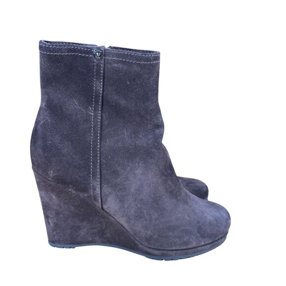 Prada Brown Suede Wedge Heel Ankle Boots Booties Size 38.5 - Picture 1 of 12